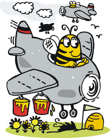 Vector cartoon of bee in plane with honey bucketのイラスト素材