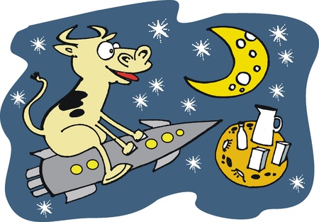 Cartoon of cow riding rocket to moonのイラスト素材