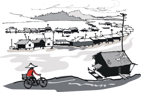 Vector illustration of fishing village, Vietnamのイラスト素材