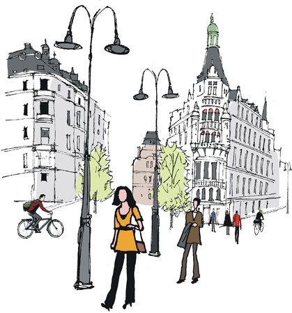 illustration of pedestrians in Stockholm, Swedenのイラスト素材