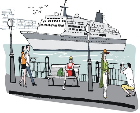  illustration of cruise liner in port.のイラスト素材