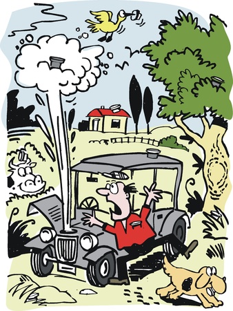 cartoon of old car with radiator overheating. のイラスト素材