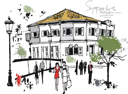  illustration of old Singapore building by riverのイラスト素材