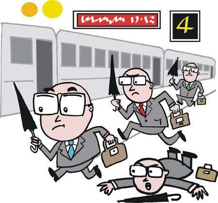 cartoon of business men rushing to catch trainのイラスト素材