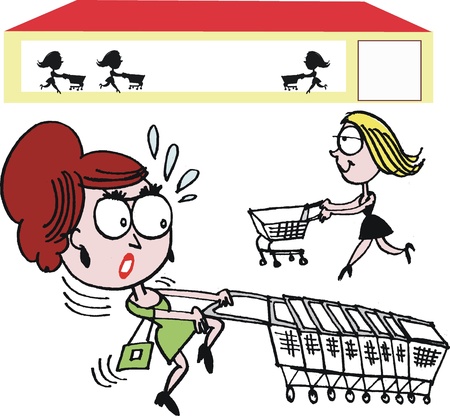 Vector cartoon of woman with shopping trolleyのイラスト素材