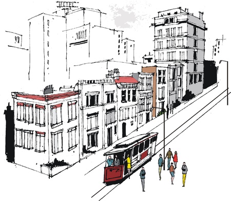 Vector illustration of San Francisco buildings and trolley carのイラスト素材