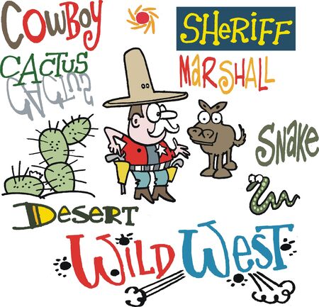Vector cartoon of cowboy with horse in desert.のイラスト素材