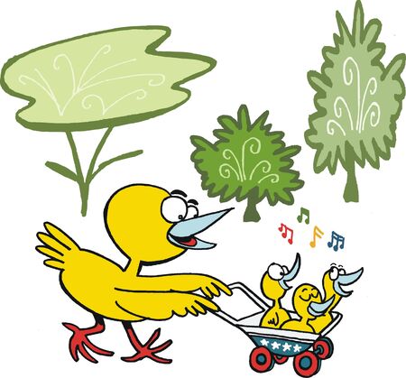 cartoon of yellow bird with chicksのイラスト素材