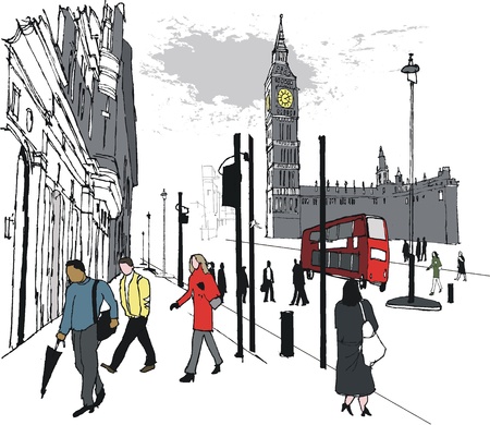 Vector illustration of pedestrians near Big Ben, Londonのイラスト素材