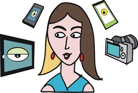 Vector cartoon of woman with tablet, mobile and cameraのイラスト素材
