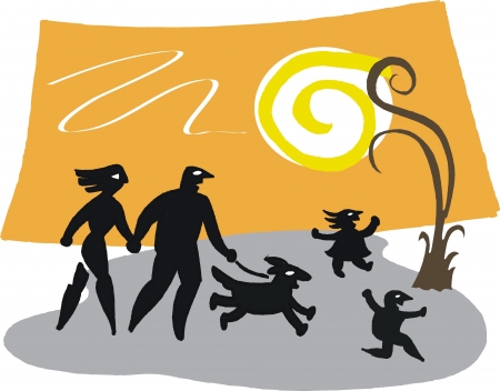 Vector cartoon of family walking dog in parkのイラスト素材
