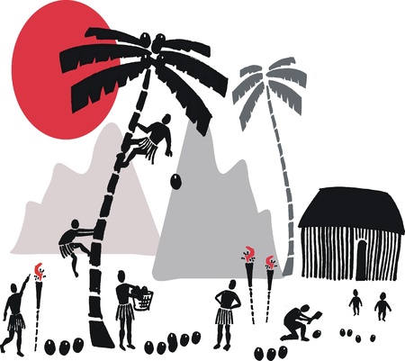 illustration of natives harvesting coconuts from palm trees のイラスト素材