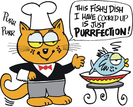 Vector cartoon of happy cat with fish dishのイラスト素材