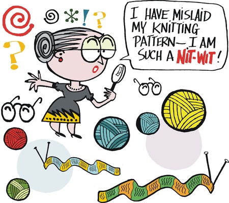 Vector cartoon of grandmother looking for knitting patternのイラスト素材