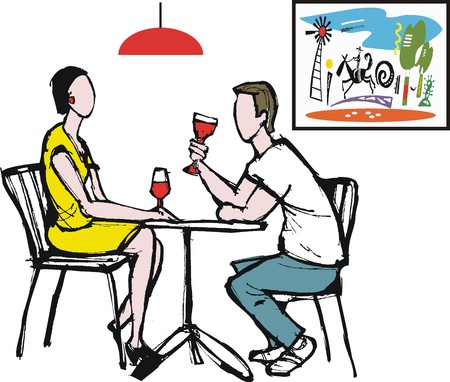 Vector illustration of man and woman drinking wine at table のイラスト素材