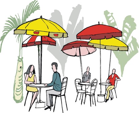 Vector illustration of people sitting at outdoor cafe with sun umbrellasのイラスト素材