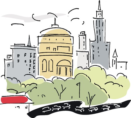 Vector illustration of city skyline with buildings and trees のイラスト素材