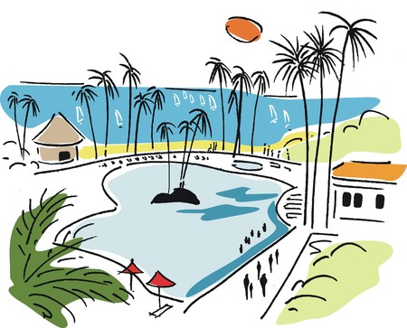 Vector illustration of tropical beach resort with palm trees のイラスト素材