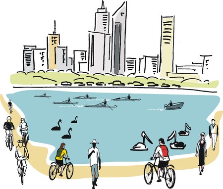 Vector illustration of city skyline, rowers and cyclists, Perth Australiaのイラスト素材