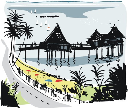 Vector illustration of tropical beach and restaurant, New Caledoniaのイラスト素材