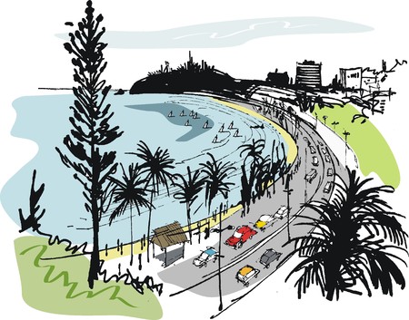 Vector illustration of traffic along promenade at Anse Vata beach, New Caledoniaのイラスト素材