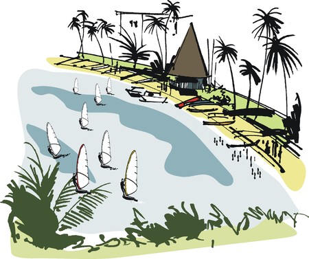 Vector illustration of windsurfers at tropical beach, New Caledoniaのイラスト素材