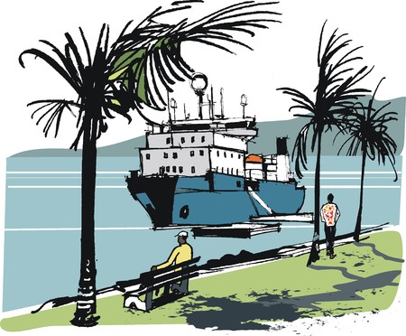 Vector illustration of merchant shipping vessel at anchor, Noumea, New Caledoniaのイラスト素材