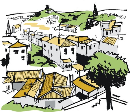 Vector illustration of Obidos town and hills, Portugalのイラスト素材