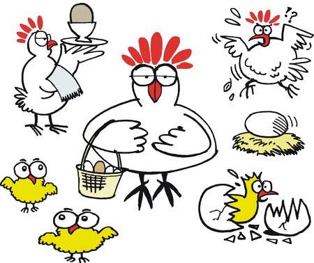 Vector cartoon of funny hens with eggs and chickens のイラスト素材