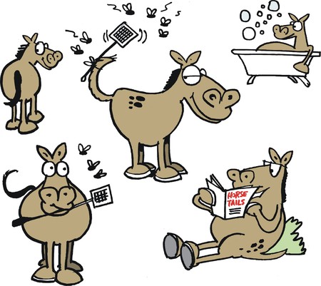 Vector cartoon showing group of funny horses and fliesのイラスト素材