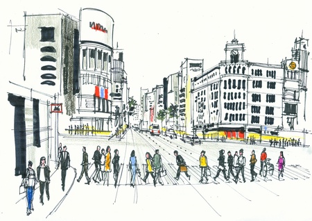 Illustration of pedestrians crossing road, Ginza Tokyoの写真素材