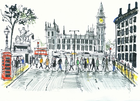 Illustration of pedestrians crossing road, Westminster, London Englandの写真素材
