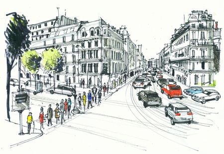 Illustration of pedestrians crossing road, Champs Elysee, Paris France の写真素材