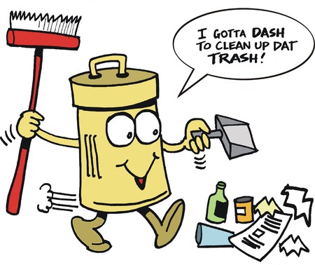 Vector cartoon of funny rubbish bin picking up trashのイラスト素材