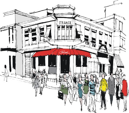 Vector illustration of old French cafe and pedestriansのイラスト素材