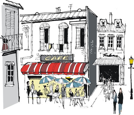 Vector illustration of cafe restaurant and old buildings plus pedestrians, Franceのイラスト素材