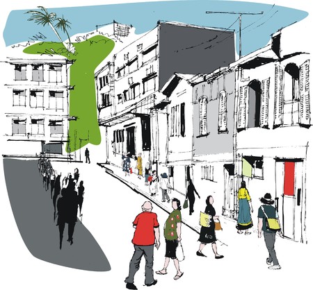 Vector illustration of New Caledonia city street scene with pedestriansのイラスト素材
