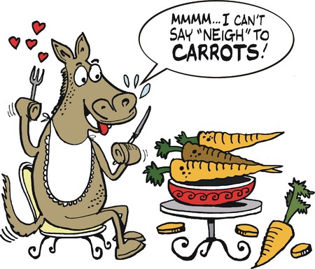 Vector cartoon of hungry horse eating carrotsのイラスト素材