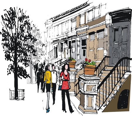 illustration of old brownstone buildings and pedestrians, New Yorkのイラスト素材
