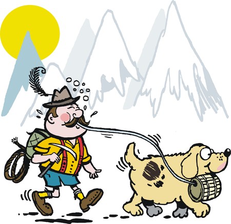 Vector cartoon of Swiss mountaineer with St. Bernard dogのイラスト素材