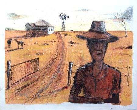Painting of farmer and homestead, outback Australiaの写真素材