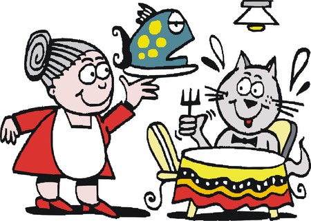 Vector cartoon of hungry cat being served meal of fishのイラスト素材