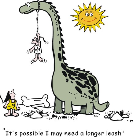 Vector cartoon of caveman with large dinosaur on leash.のイラスト素材