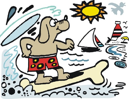 Vector cartoon of dog on bone surfboard at beach.のイラスト素材