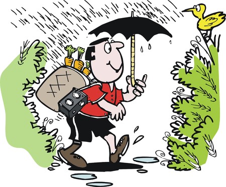 Vector cartoon of happy hiker with umbrella in rain.のイラスト素材