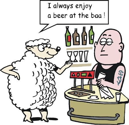 Vector cartoon of sheep ordering beer at hotel barのイラスト素材