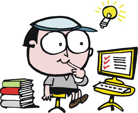 Vector cartoon of boy getting inspiration from computerのイラスト素材