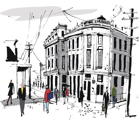 Vector illustration of old buildings and pedestrians, Franceのイラスト素材