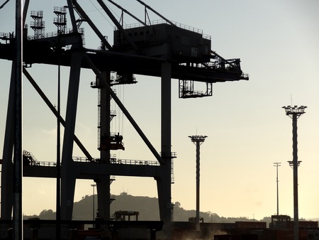 Silhouettes of wharf container cranes and floodlight polesの写真素材