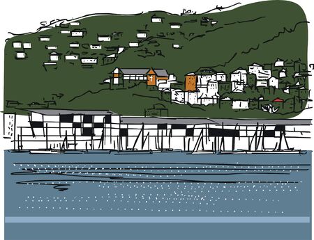 Vector illustration of Wellington harbour and hills New Zealandのイラスト素材